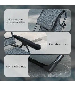 Tumbona de Jardín Plegable con Respaldo Ajustable en 4 Niveles Orificio de Lectura y Reposacabezas 194x72x31 cm Gris