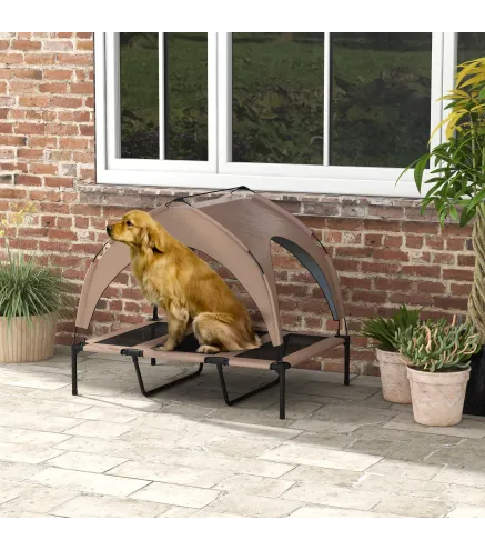 Cama para Perros Elevada con Toldo Marco de Acero y Bolsa de Transporte para Interior y Exterior 106x76x94 cm Café