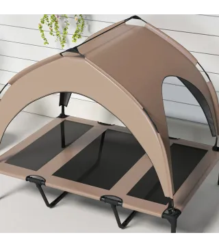 Cama para Perros Elevada con Toldo Marco de Acero y Bolsa de Transporte para Interior y Exterior 106x76x94 cm Café