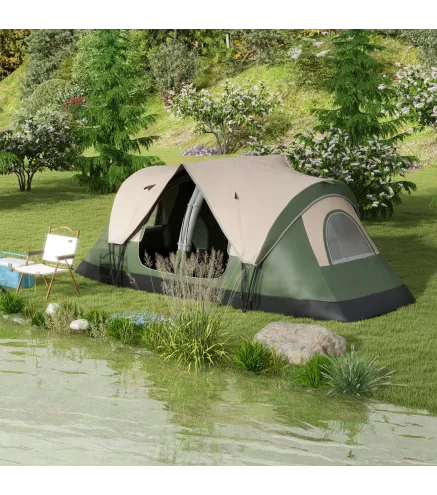 Tienda de Campaña Plegable con 2 Habitaciones y Bolsa de Transporte Impermeable 450x215x180 cm Verde Oliva y Marrón