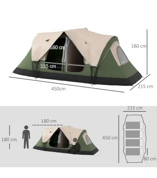 Tienda de Campaña Plegable con 2 Habitaciones y Bolsa de Transporte Impermeable 450x215x180 cm Verde Oliva y Marrón
