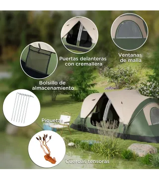 Tienda de Campaña Plegable con 2 Habitaciones y Bolsa de Transporte Impermeable 450x215x180 cm Verde Oliva y Marrón