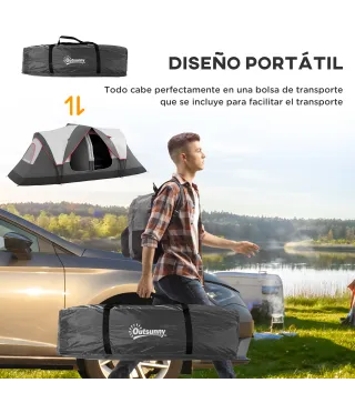 Tienda de Campaña Plegable con 2 Habitaciones y Bolsa de Transporte Impermeable para Senderismo 450x215x180 cm Gris