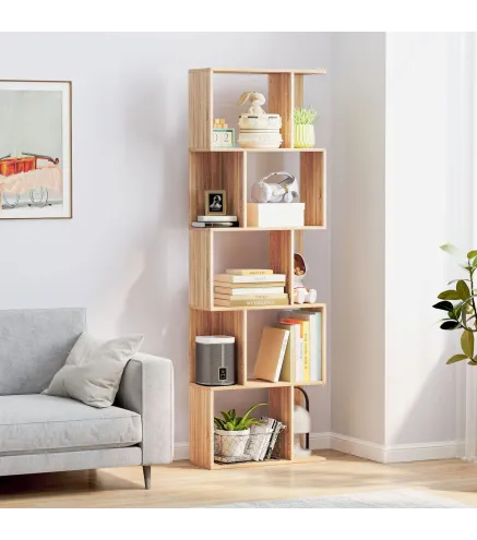 Librería de 5 Niveles Estantería para Libros en Forma de S para Salón Dormitorio Estudio Oficina 24x60x184,5 cm Natural