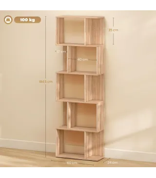 Librería de 5 Niveles Estantería para Libros en Forma de S para Salón Dormitorio Estudio Oficina 24x60x184,5 cm Natural