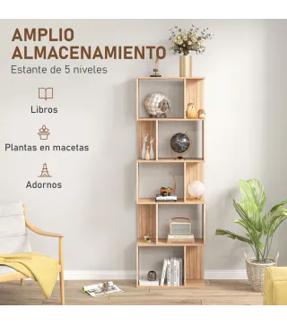 Librería de 5 Niveles Estantería para Libros en Forma de S para Salón Dormitorio Estudio Oficina 24x60x184,5 cm Natural