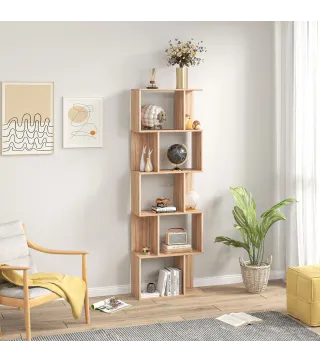 Librería de 5 Niveles Estantería para Libros en Forma de S para Salón Dormitorio Estudio Oficina 24x60x184,5 cm Natural
