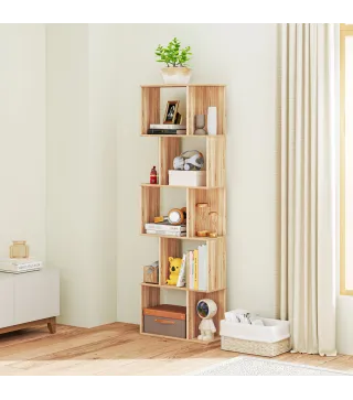 Librería de 5 Niveles Estantería para Libros en Forma de S para Salón Dormitorio Estudio Oficina 24x60x184,5 cm Natural