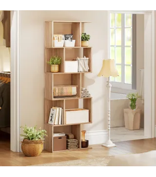 Librería de 5 Niveles Estantería para Libros en Forma de S para Salón Dormitorio Estudio Oficina 24x60x184,5 cm Natural