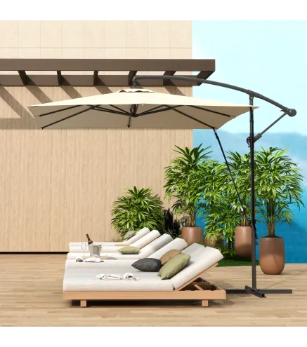Parasol Excéntrico 247x247 cm con Base Cruzada Manivela Funda Protectora y Toldo Giratorio 360° 247x247x256 cm Caqui