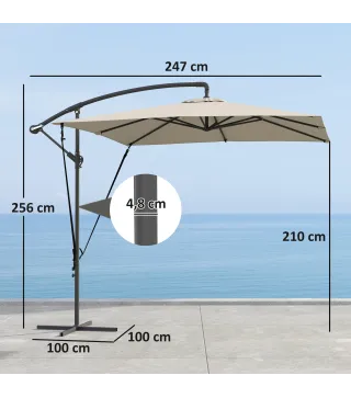 Parasol Excéntrico 247x247 cm con Base Cruzada Manivela Funda Protectora y Cubierta Ajustable 247x247x256 cm Caqui