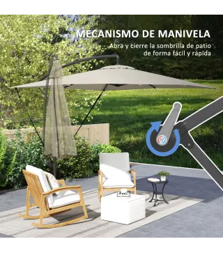 Parasol Excéntrico 247x247 cm con Base Cruzada Manivela Funda Protectora y Cubierta Ajustable 247x247x256 cm Caqui