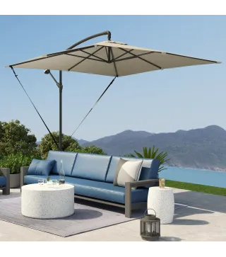 Parasol Excéntrico 247x247 cm con Base Cruzada Manivela Funda Protectora y Cubierta Ajustable 247x247x256 cm Caqui