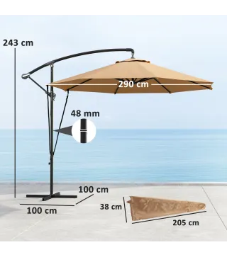 Parasol de Jardín Excéntrico Sombrilla con Funda para Sombrilla Protección UV 50+ y Base Cruzada Ø290x243 cm Caqui