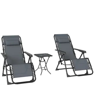 Set de 2 Tumbonas Jardín Exterior Plegables de Gravedad Cero con Mesa Auxiliar con Portavasos Reposacabezas Gris