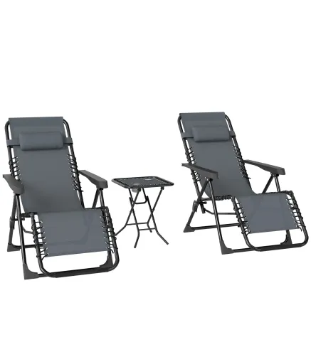 Set de 2 Tumbonas Jardín Exterior Plegables de Gravedad Cero con Mesa Auxiliar con Portavasos Reposacabezas Gris