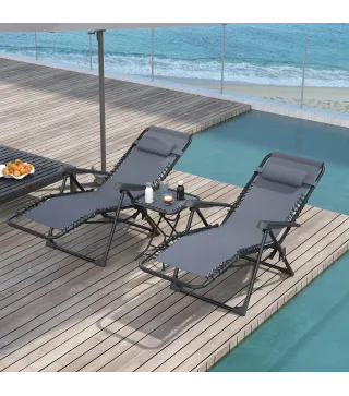 Set de 2 Tumbonas Jardín Exterior Plegables de Gravedad Cero con Mesa Auxiliar con Portavasos Reposacabezas Gris
