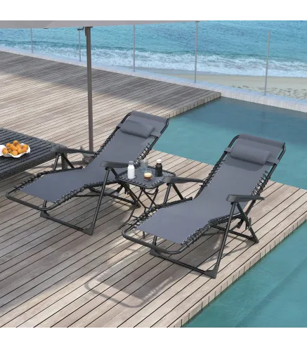 Set de 2 Tumbonas Jardín Exterior Plegables de Gravedad Cero con Mesa Auxiliar con Portavasos Reposacabezas Gris