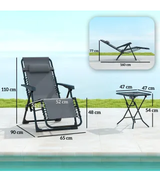 Set de 2 Tumbonas Jardín Exterior Plegables de Gravedad Cero con Mesa Auxiliar con Portavasos Reposacabezas Gris