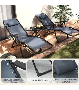 Set de 2 Tumbonas Jardín Exterior Plegables de Gravedad Cero con Mesa Auxiliar con Portavasos Reposacabezas Gris