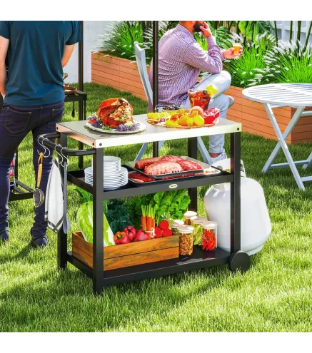 Carrito de Parrilla para Jardín o Terraza Carro de Servicio con Encimera Estantes y Ruedas para BBQ 102x50x81 cm Gris