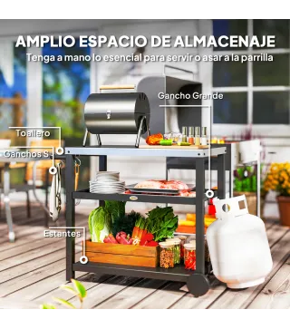 Carrito de Parrilla para Jardín o Terraza Carro de Servicio con Encimera Estantes y Ruedas para BBQ 102x50x81 cm Gris