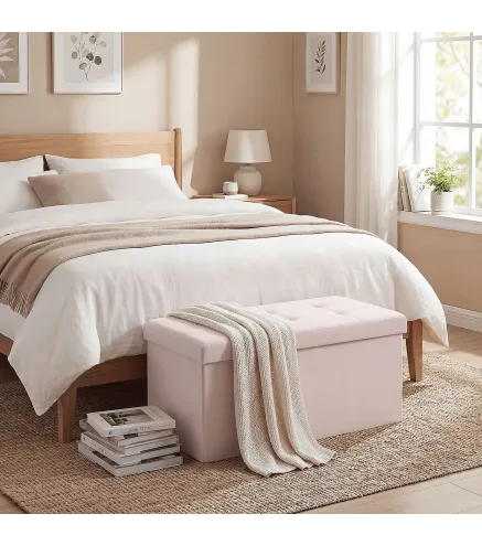 Puff Almacenaje, Banco Almacenaje Plegable 84 L 76x38x38 cm Tapizado en Lino Sintético Baúl de Almacenamiento Rosa