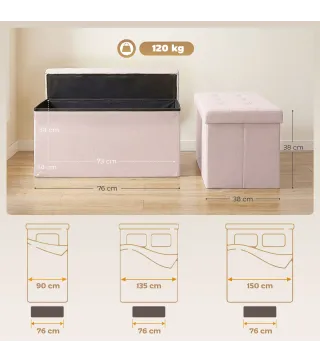 Puff Almacenaje, Banco Almacenaje Plegable 84 L 76x38x38 cm Tapizado en Lino Sintético Baúl de Almacenamiento Rosa