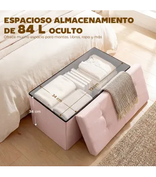 Puff Almacenaje, Banco Almacenaje Plegable 84 L 76x38x38 cm Tapizado en Lino Sintético Baúl de Almacenamiento Rosa