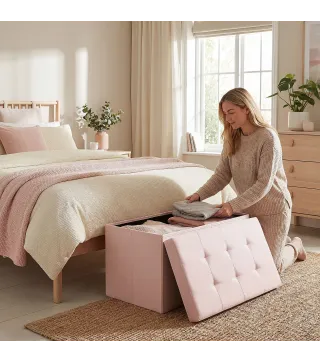 Puff Almacenaje, Banco Almacenaje Plegable 84 L 76x38x38 cm Tapizado en Lino Sintético Baúl de Almacenamiento Rosa