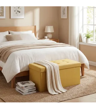 Puff Almacenaje, Banco Almacenaje Plegable 84 L 76x38x38 cm Tapizado en Lino Sintético Amarillo