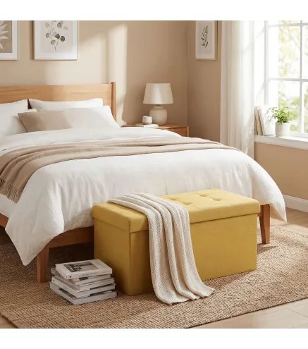 Puff Almacenaje, Banco Almacenaje Plegable 84 L 76x38x38 cm Tapizado en Lino Sintético Amarillo