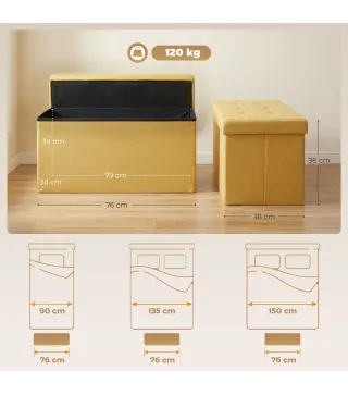Puff Almacenaje, Banco Almacenaje Plegable 84 L 76x38x38 cm Tapizado en Lino Sintético Amarillo