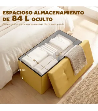 Puff Almacenaje, Banco Almacenaje Plegable 84 L 76x38x38 cm Tapizado en Lino Sintético Amarillo