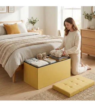 Puff Almacenaje, Banco Almacenaje Plegable 84 L 76x38x38 cm Tapizado en Lino Sintético Amarillo