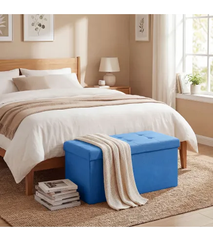 Puff Almacenaje, Banco Almacenaje Plegable 84 L 76x38x38 cm Tapizado en Lino Sintético Azul Claro