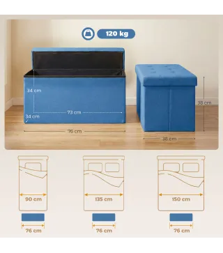 Puff Almacenaje, Banco Almacenaje Plegable 84 L 76x38x38 cm Tapizado en Lino Sintético Azul Claro