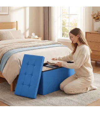 Puff Almacenaje, Banco Almacenaje Plegable 84 L 76x38x38 cm Tapizado en Lino Sintético Azul Claro