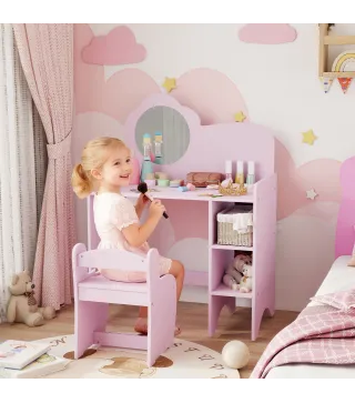 Tocador Infantil con Taburete y Espejo en Forma de Flor con Estantes Abiertos para Niños y Niñas de 3-8 Años Morado