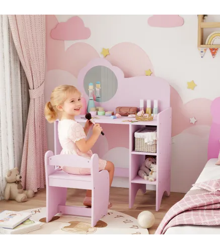 Tocador Infantil con Taburete y Espejo en Forma de Flor con Estantes Abiertos para Niños y Niñas de 3-8 Años Morado