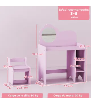 Tocador Infantil con Taburete y Espejo en Forma de Flor con Estantes Abiertos para Niños y Niñas de 3-8 Años Morado