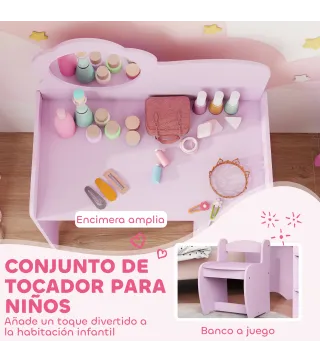 Tocador Infantil con Taburete y Espejo en Forma de Flor con Estantes Abiertos para Niños y Niñas de 3-8 Años Morado