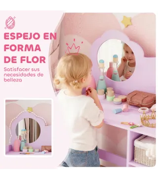Tocador Infantil con Taburete y Espejo en Forma de Flor con Estantes Abiertos para Niños y Niñas de 3-8 Años Morado