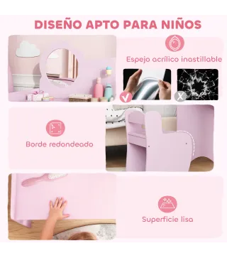 Tocador Infantil con Taburete y Espejo en Forma de Flor con Estantes Abiertos para Niños y Niñas de 3-8 Años Morado