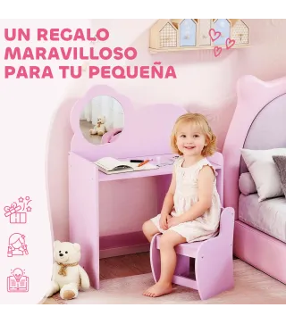 Tocador Infantil con Taburete y Espejo en Forma de Flor con Estantes Abiertos para Niños y Niñas de 3-8 Años Morado