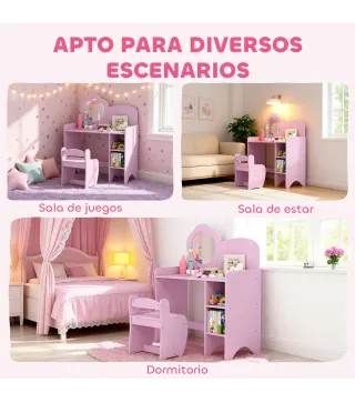 Tocador Infantil con Taburete y Espejo en Forma de Flor con Estantes Abiertos para Niños y Niñas de 3-8 Años Morado