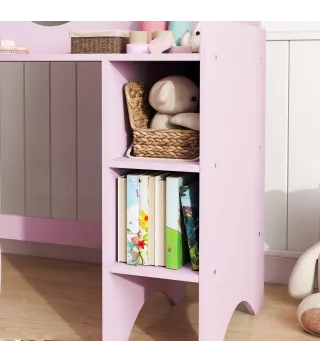 Tocador Infantil con Taburete y Espejo en Forma de Flor con Estantes Abiertos para Niños y Niñas de 3-8 Años Morado