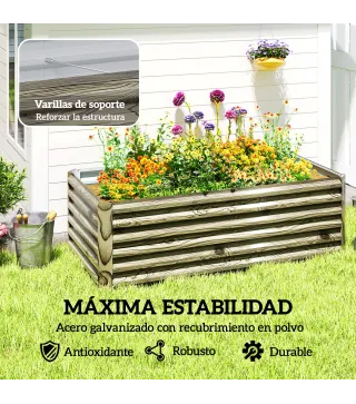 Jardinera Exterior Grande Rectangular de Acero Galvanizado para Terraza con Base Abierta 180x90x57,5 cm Natural