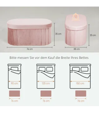 Puff Almacenaje Banco Almacenaje Plegable 72 L 76x38x35 cm Tapizado en Terciopelo Baúl de Almacenamiento Rosa