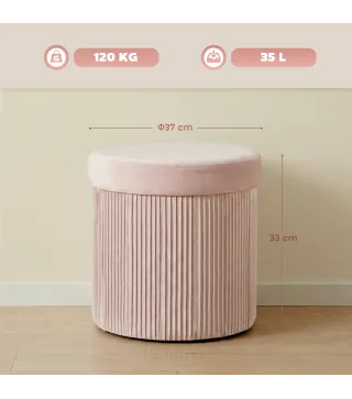 Puff Almacenaje Banco Almacenaje Plegable 35 L 38x38x38 cm Tapizado en Terciopelo Baúl de Almacenamiento Redondo Rosa